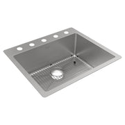 Stainless steel single bowl sink with five holes along top rim, grid insert, and drain opening.
