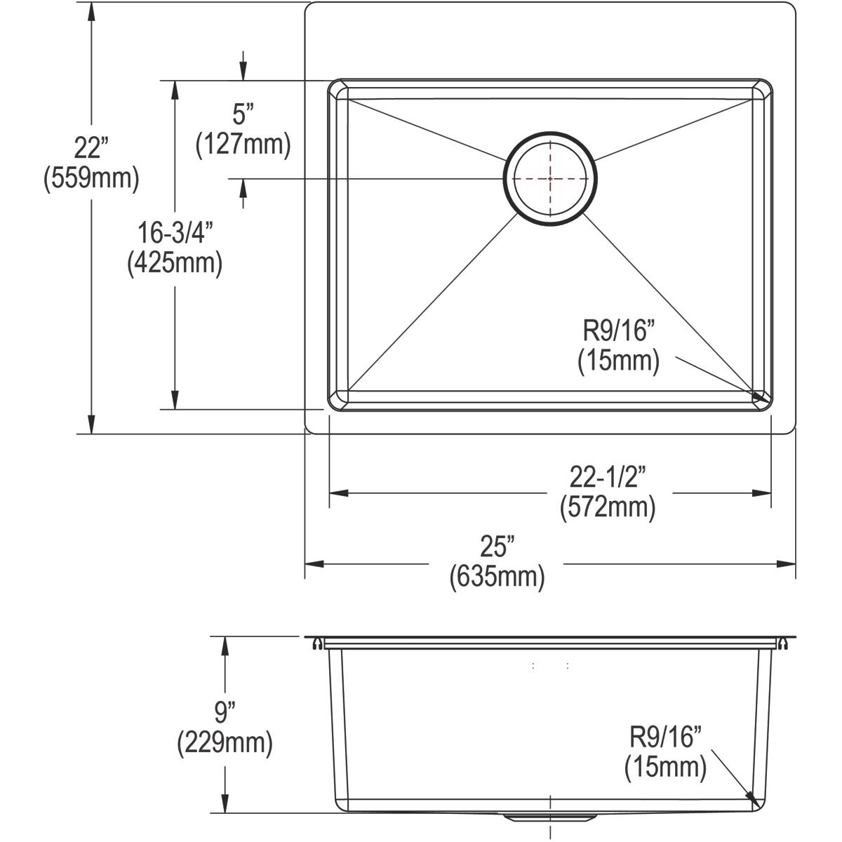 Elkay Crosstown 18 Gauge Stainless Steel 25" x 22" x 9" 5-Hole Single Bowl Dual Mount Sink Kit