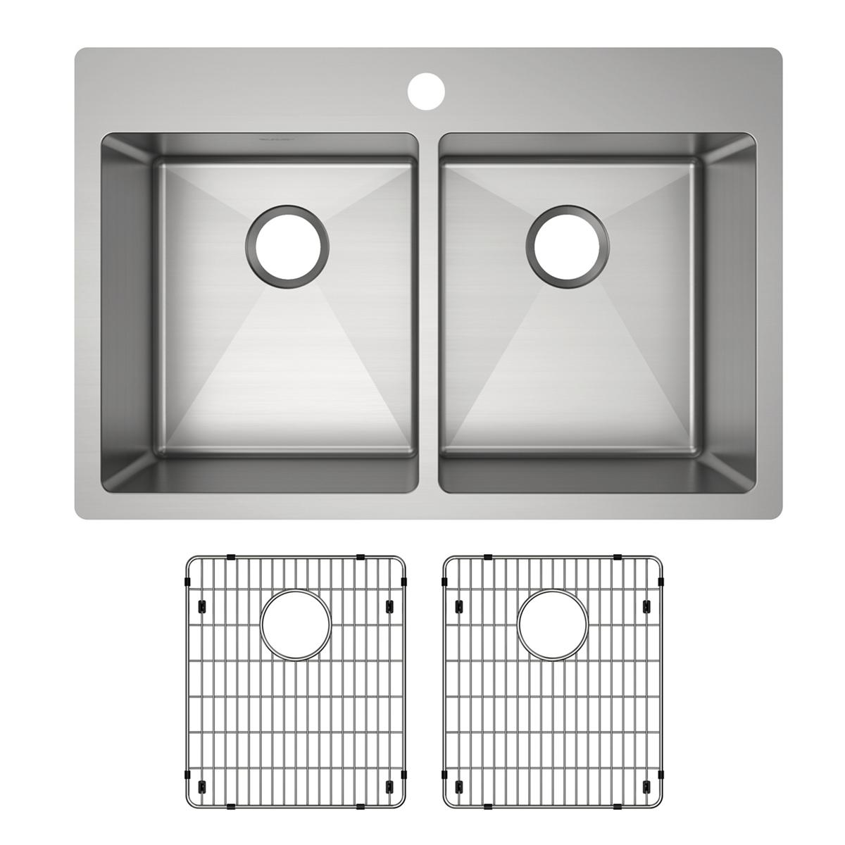 Stainless steel double bowl sink with equal-sized basins, one faucet hole, and two matching grid inserts.