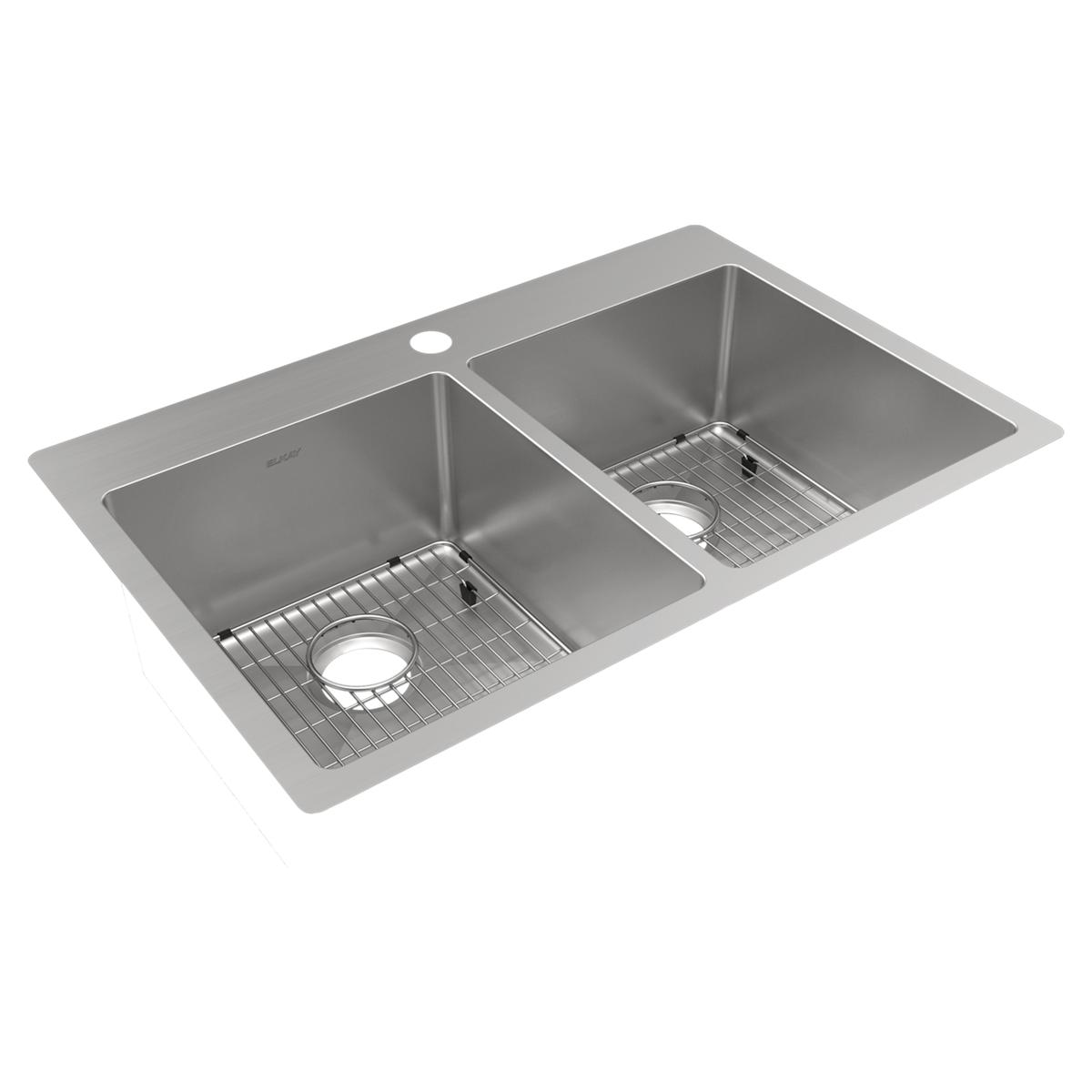 Stainless steel double bowl sink with two equal-sized basins, drain holes, and metal grid inserts.