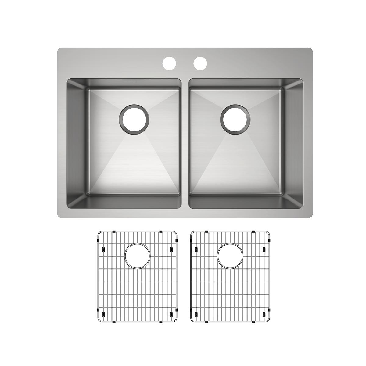 Stainless steel double bowl sink with two equal compartments, two faucet holes, and matching grid strainers included.