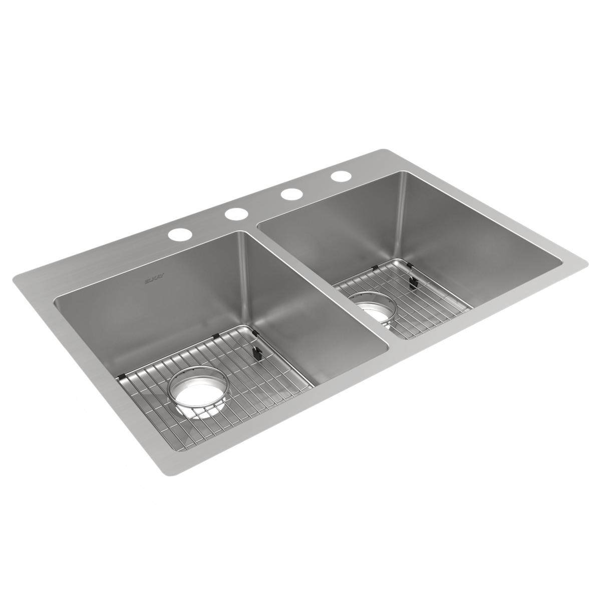 Elkay Crosstown 18 Gauge Stainless Steel 33" x 22" x 9" 4-Hole Equal Double Bowl Dual Mount Sink Kit