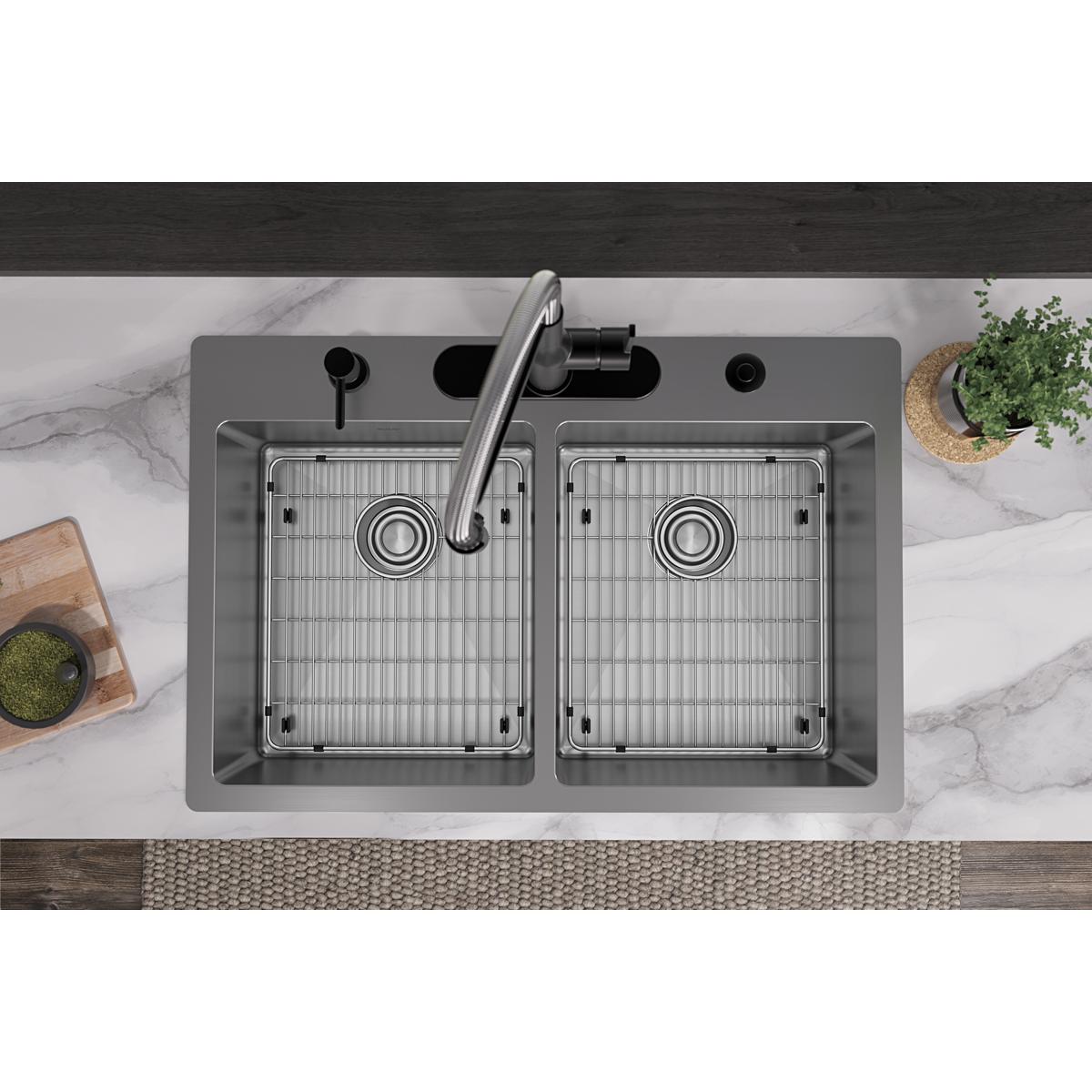 Stainless steel double bowl sink with two equal basins, drain holes, faucet holes, and gooseneck faucet mounted on marble cou
