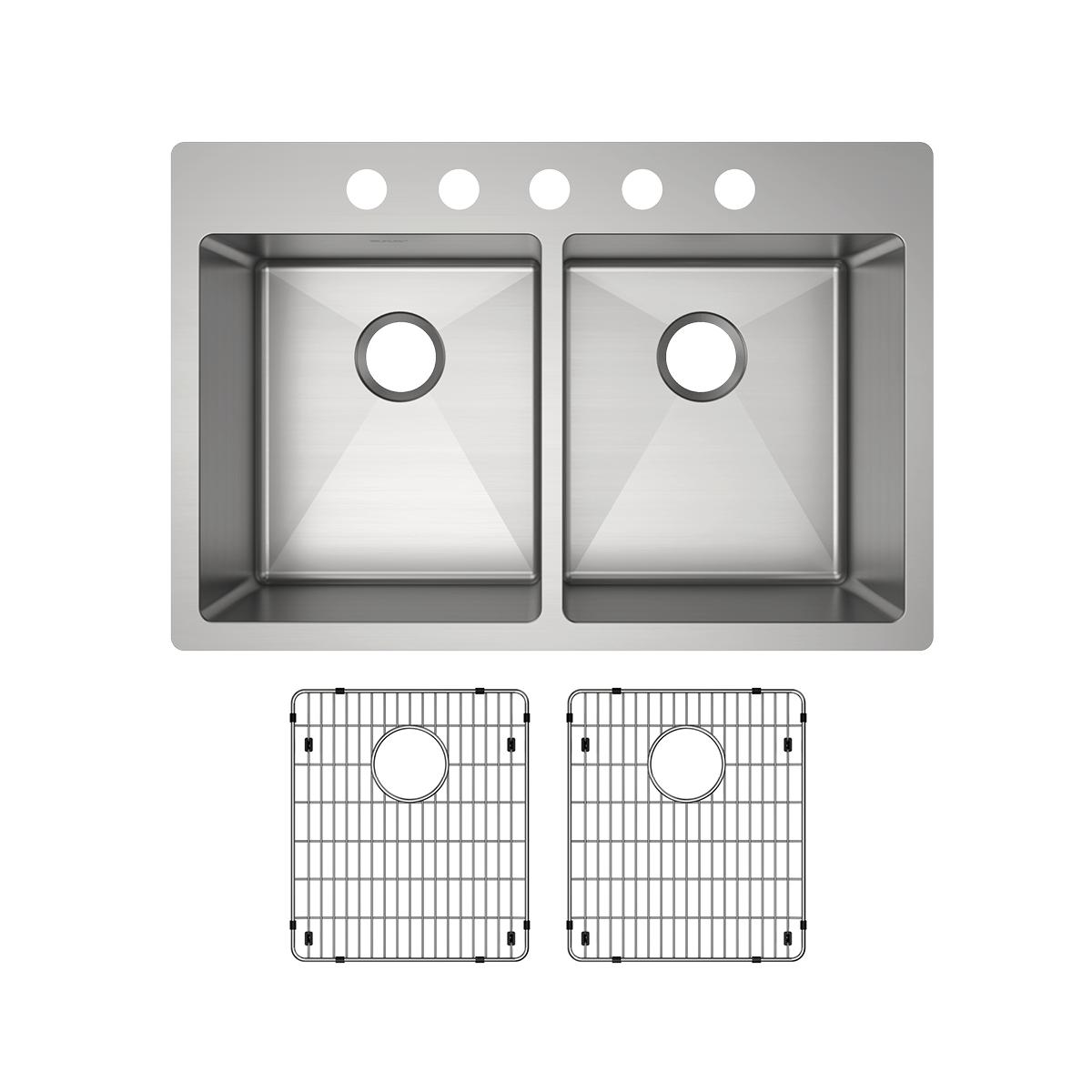 Stainless steel double bowl sink with five holes across top rim and two matching grid inserts below.