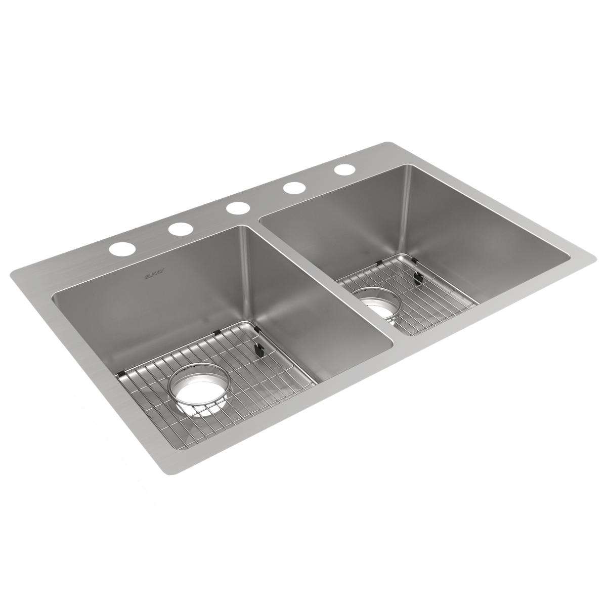 Stainless steel double bowl sink with five holes across the rim and wire strainers in each basin.