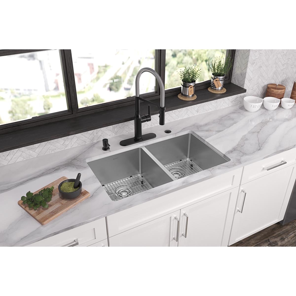 Stainless steel double bowl sink with two equal rectangular basins, drain grids, and five pre-drilled holes for faucet instal
