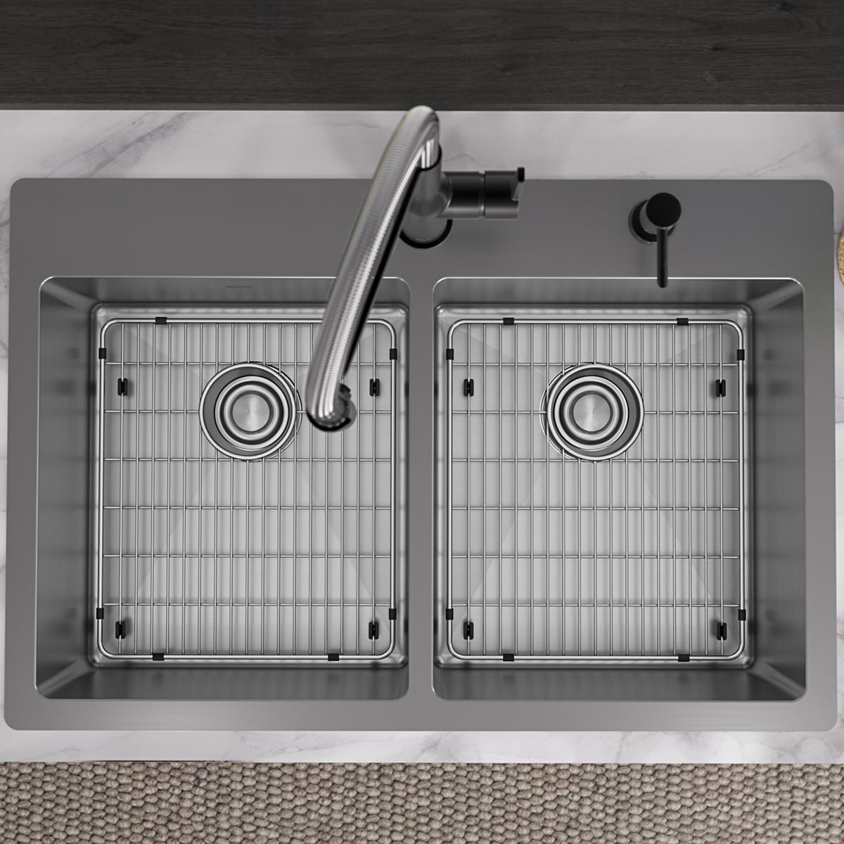 Stainless steel double bowl sink with two equal compartments, drain strainers, grid inserts, and an arched faucet with black 