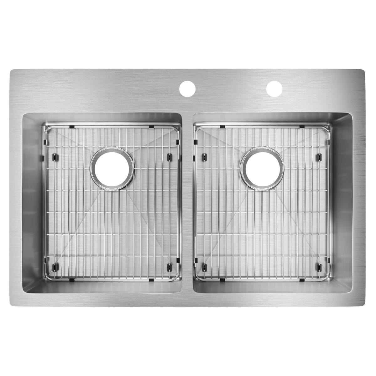Stainless steel double bowl kitchen sink with two faucet holes and included grid strainers, shown from above.