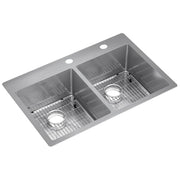 Stainless steel double bowl kitchen sink with two faucet holes, grid strainers, and equal-sized basins.