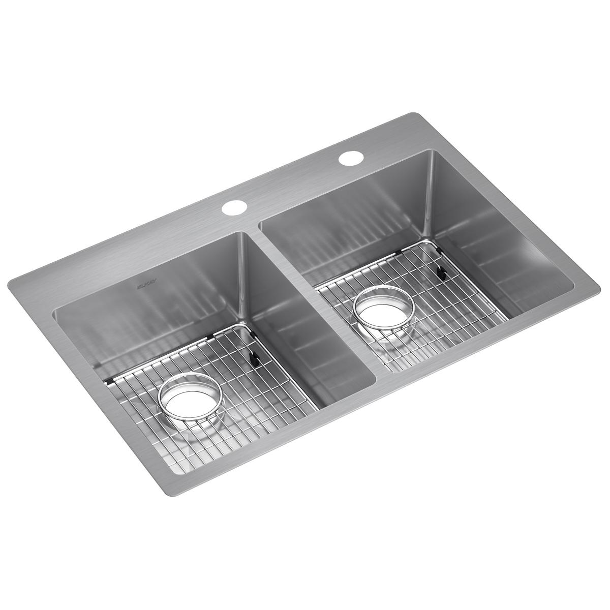 Stainless steel double bowl kitchen sink with two faucet holes, grid strainers, and equal-sized basins.