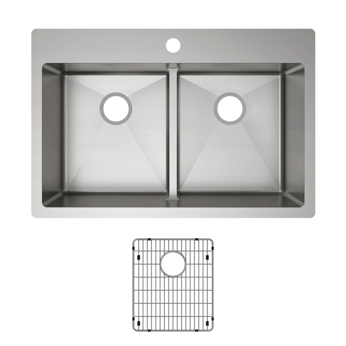 Stainless steel double bowl drop-in sink with two equal basins, single faucet hole, and matching grid insert.