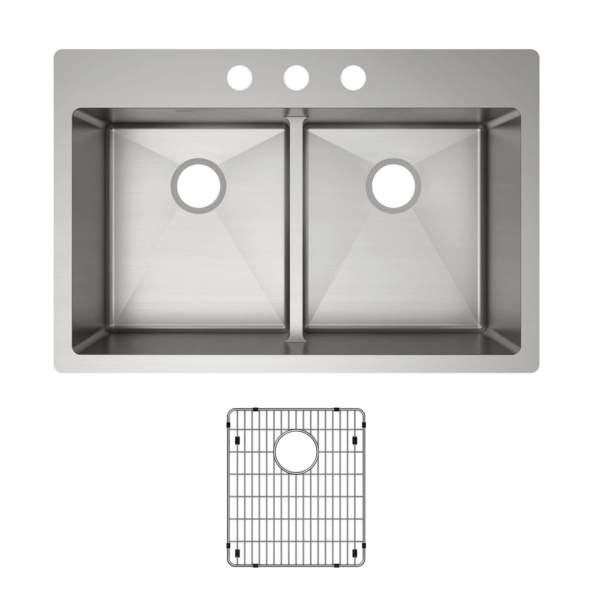 Stainless steel dual bowl drop-in sink with three faucet holes and matching grid insert.