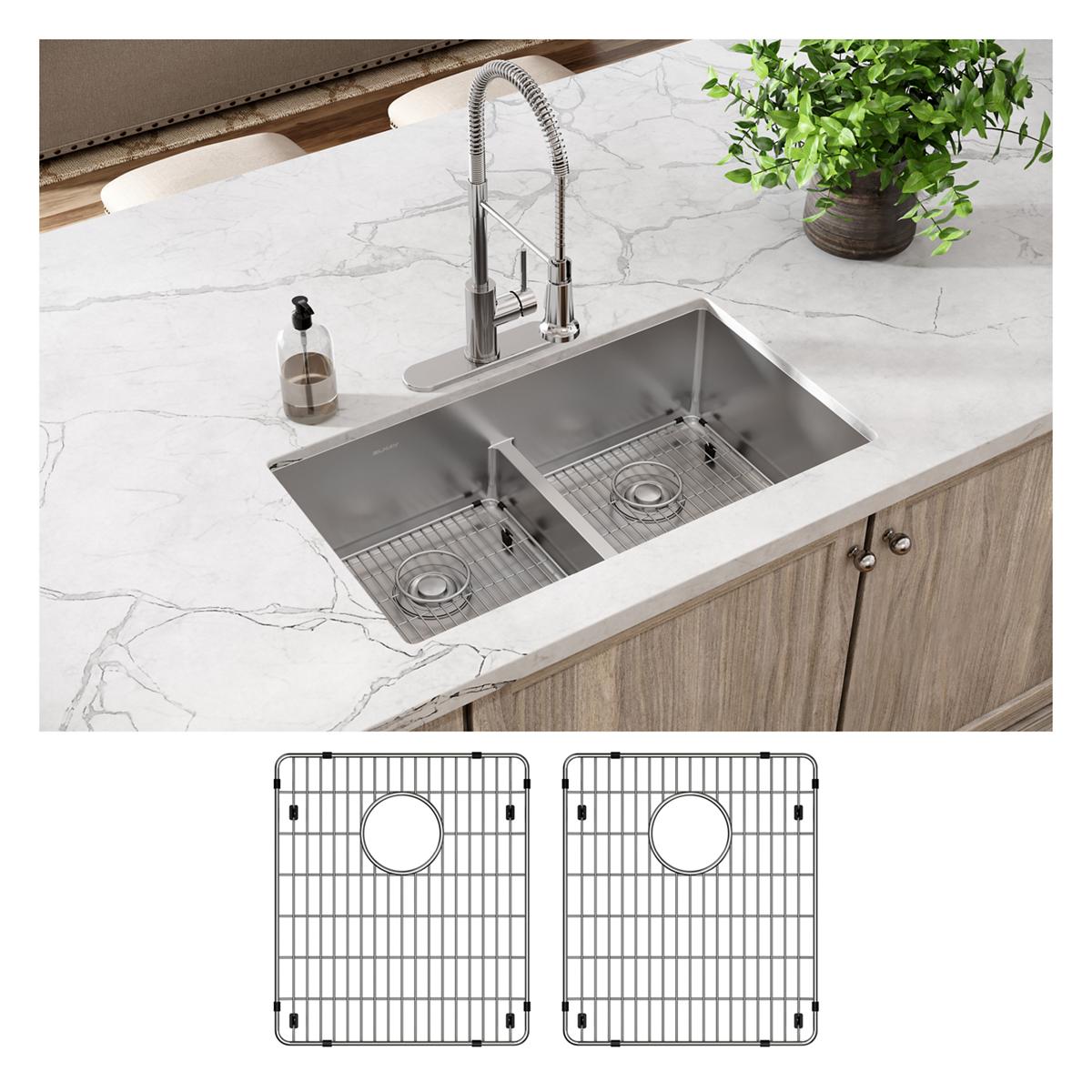 Stainless steel double bowl sink with divider, gooseneck faucet, and matching grid strainers installed in marble countertop.
