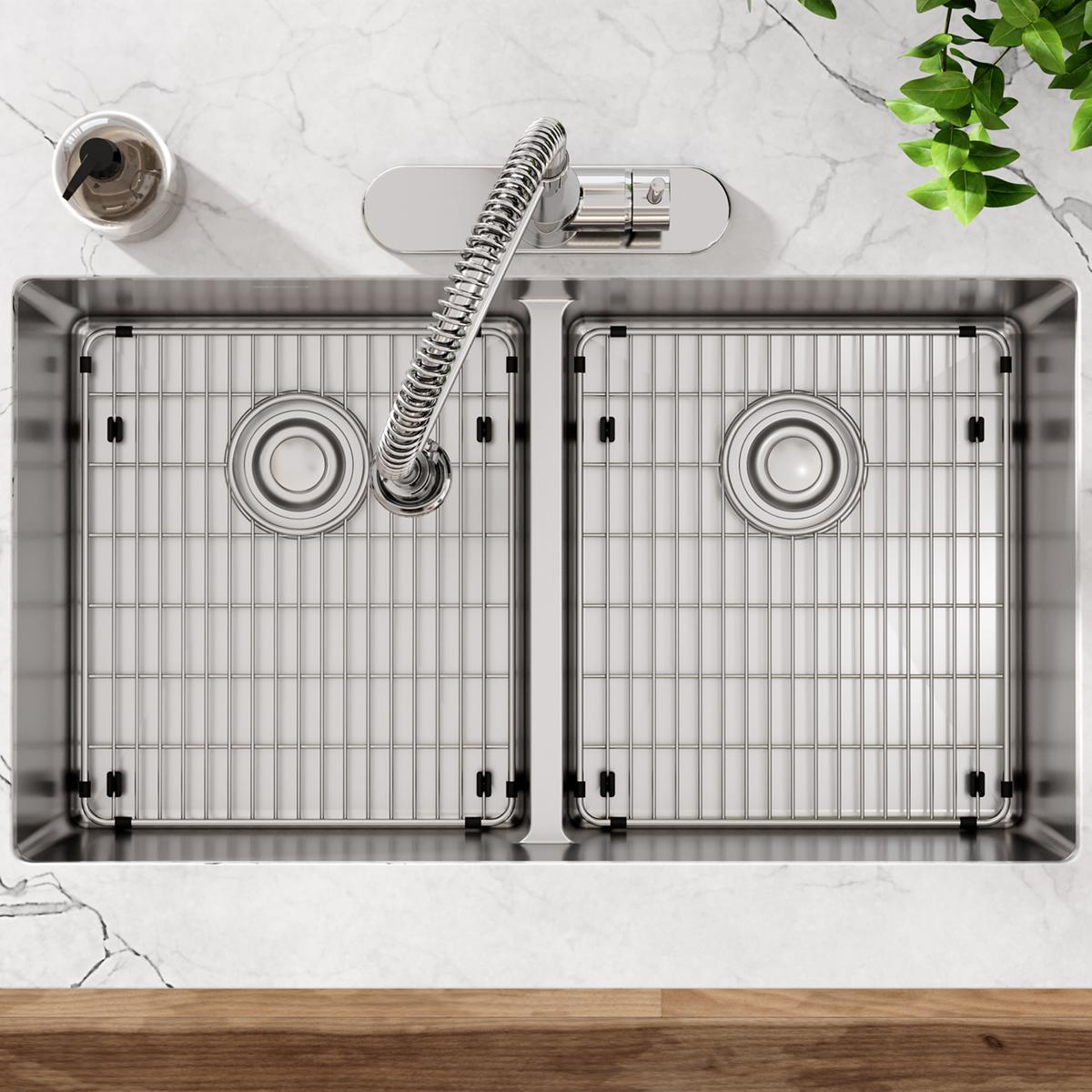 Stainless steel bottom grid with vertical bars and mounting feet for double bowl sink basin.