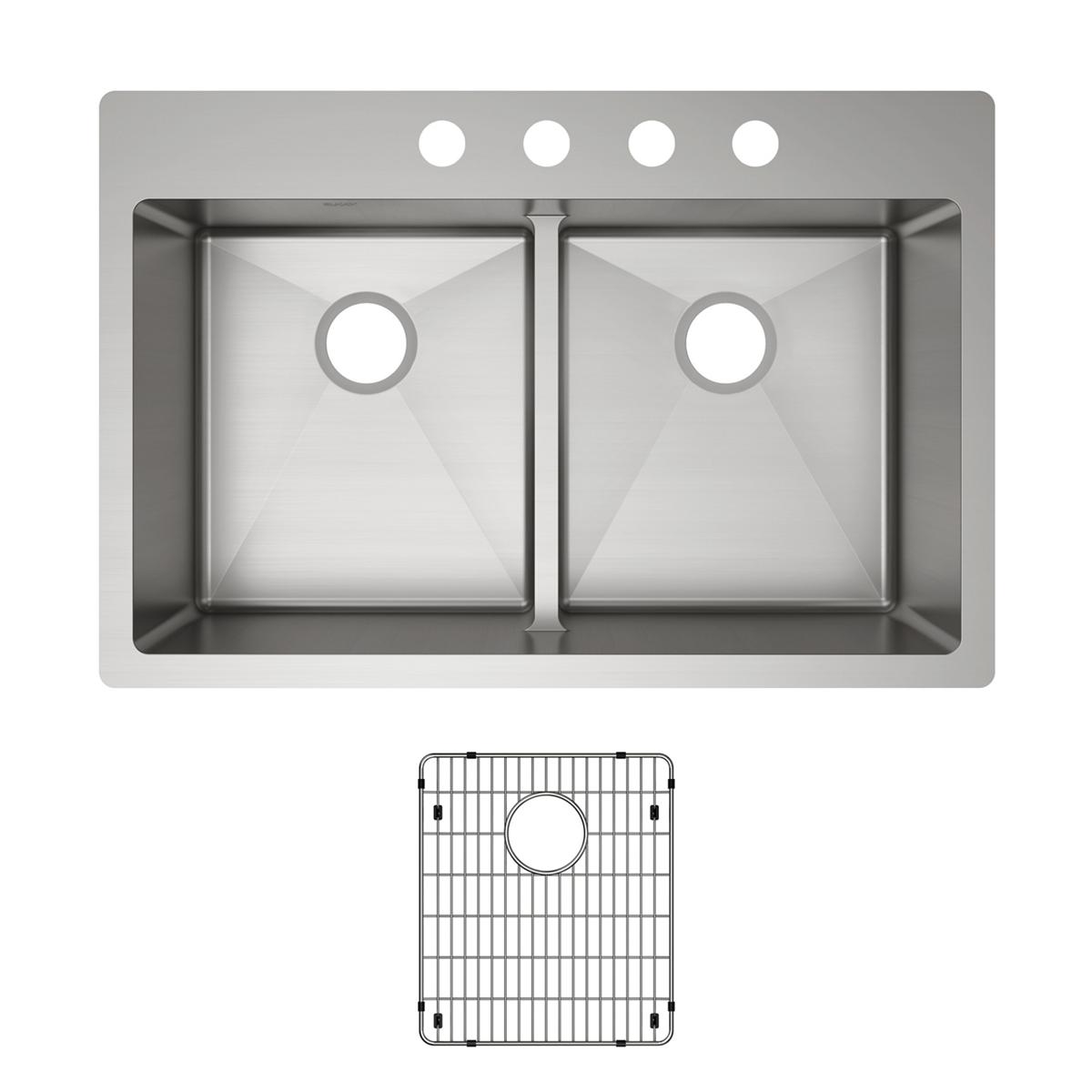 Stainless steel dual mount sink with two equal bowls, four faucet holes, and included grid strainer.