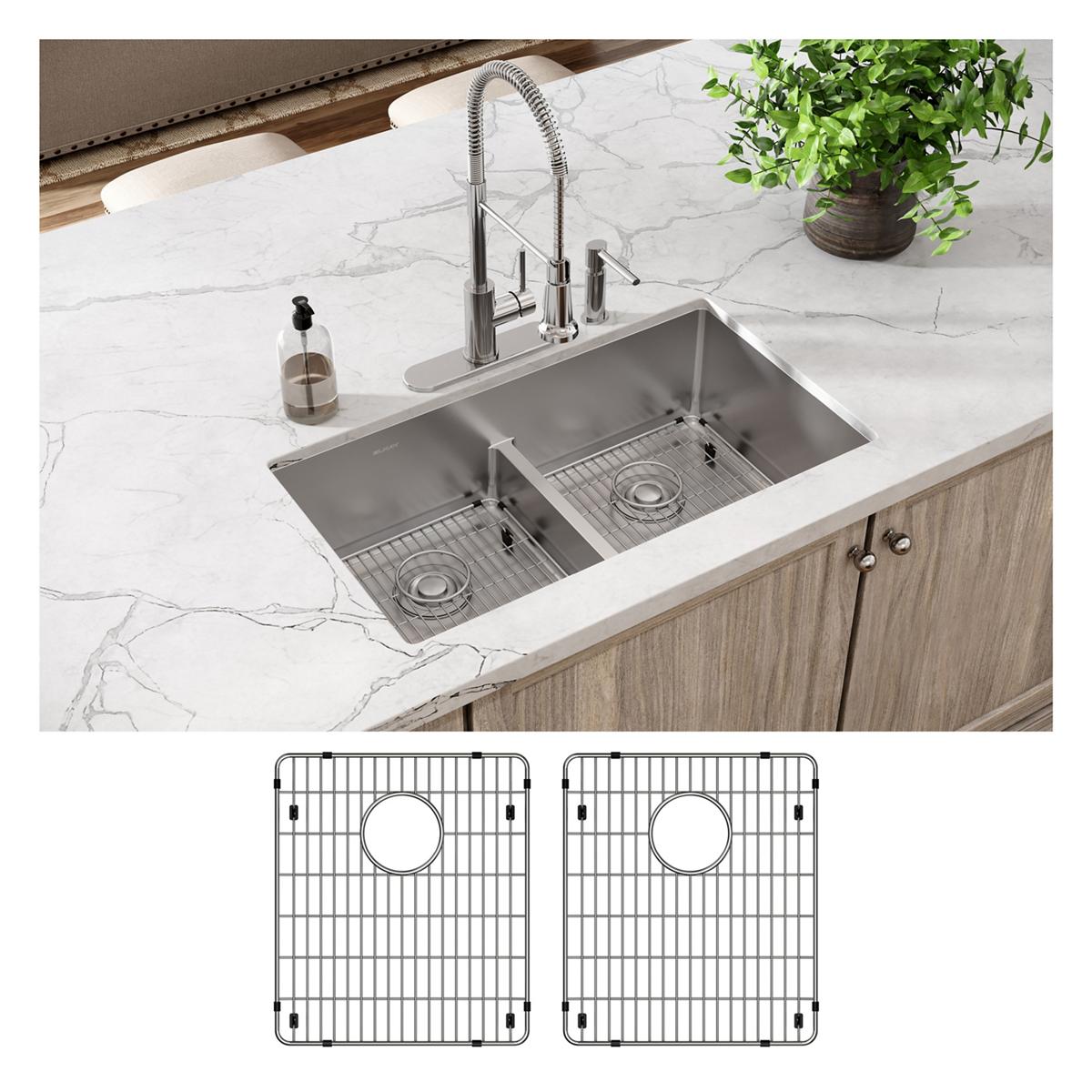 Stainless steel double bowl sink with chrome faucet installed in white marble countertop, includes two grid inserts shown sep