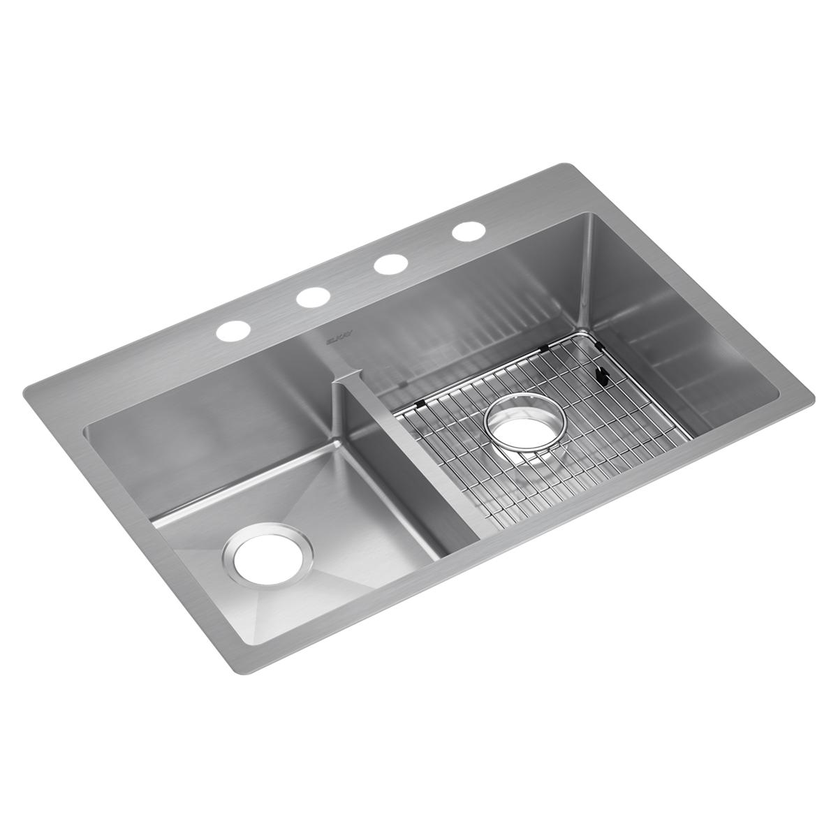 Elkay Crosstown 18 Gauge Stainless Steel 33" x 22" x 9", 4-Hole Equal Double Bowl Dual Mount Sink Kit with Aqua Divide