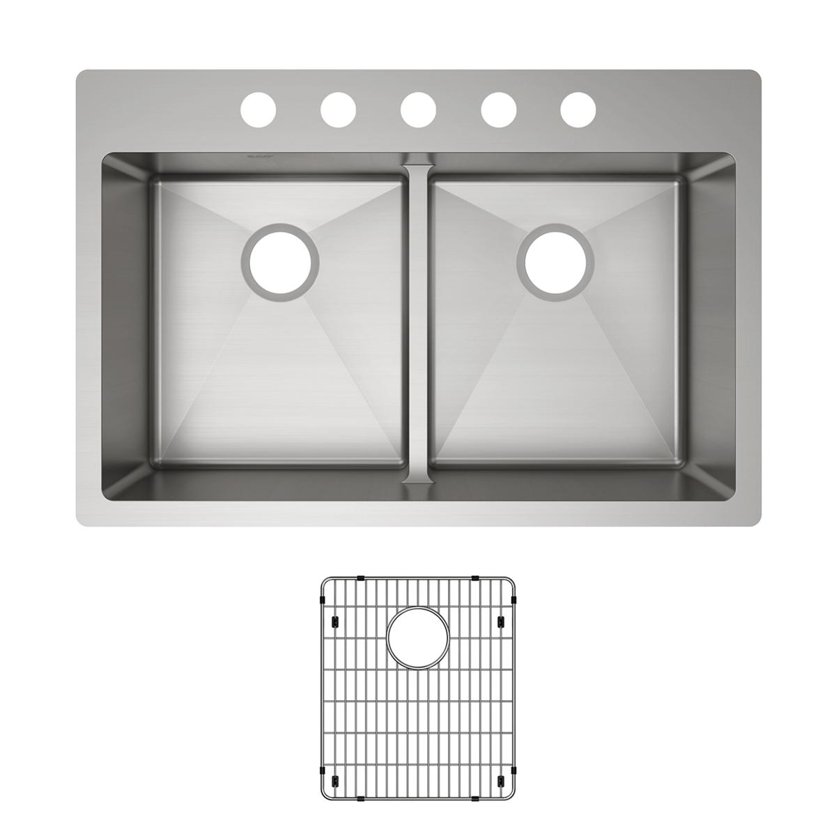Stainless steel double bowl sink with five faucet holes across rim, equal-sized basins, and included grid strainer.