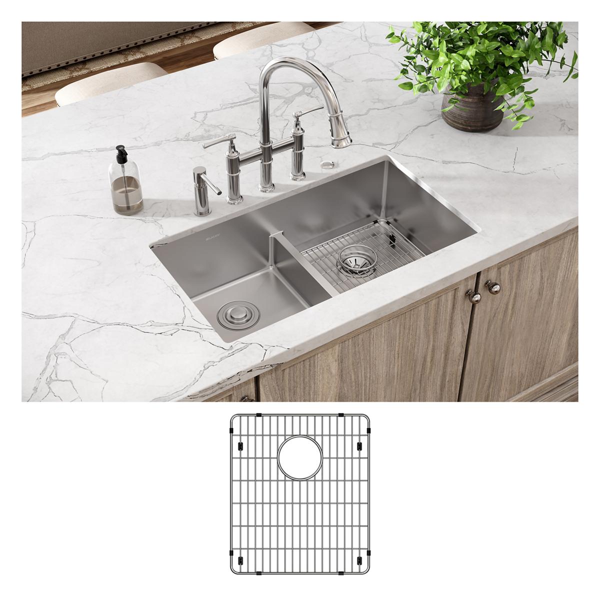 Stainless steel double bowl sink mounted in white marble countertop with five-hole faucet setup and matching grid insert.