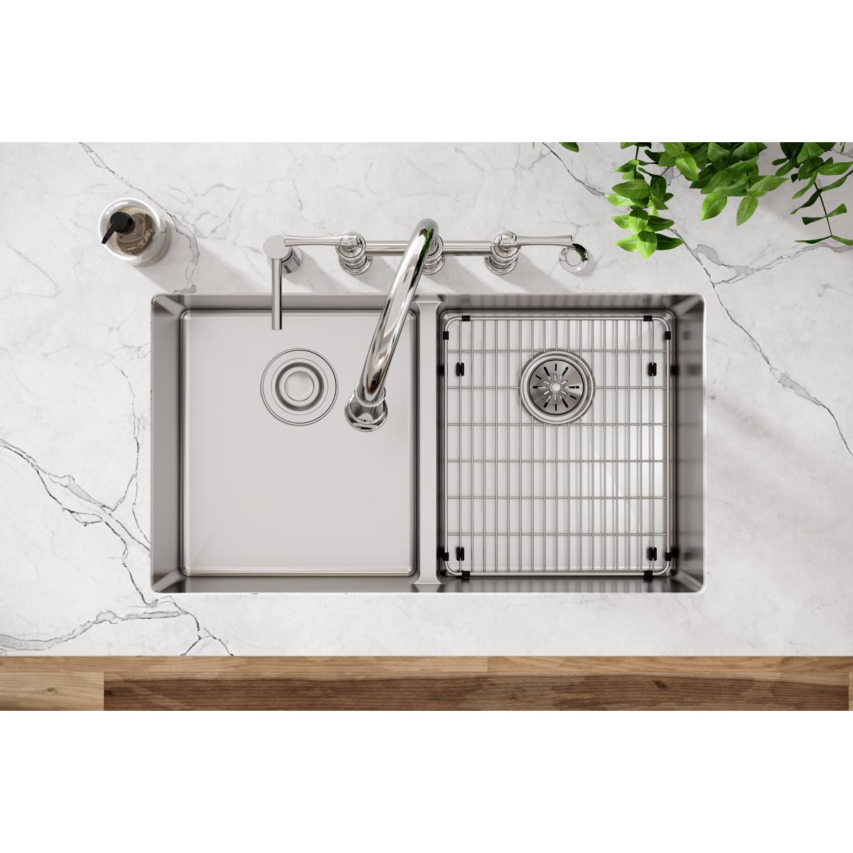 Stainless steel double bowl sink with left smooth basin, right ribbed basin with grid, single faucet, and five holes mounted 