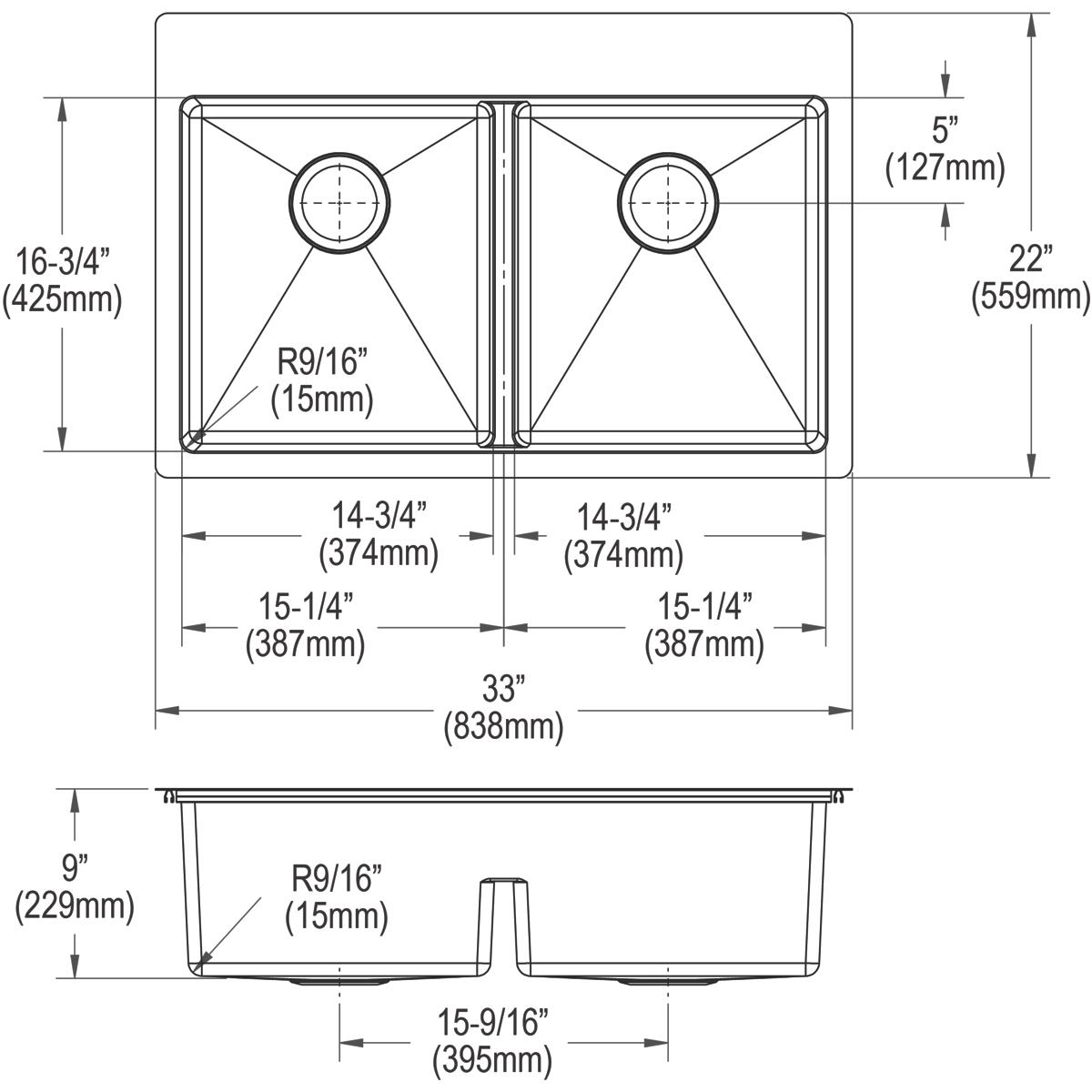 Elkay Crosstown 18 Gauge Stainless Steel 33" x 22" x 9", 4-Hole Equal Double Bowl Dual Mount Sink Kit with Aqua Divide