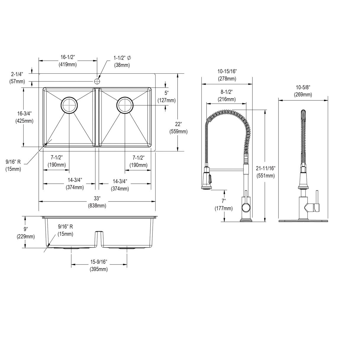 Elkay Crosstown 18 Gauge Stainless Steel 33" x 22" x 9", 1-Hole Equal Double Bowl Dual Mount Sink Kit with Aqua Divide and Faucet