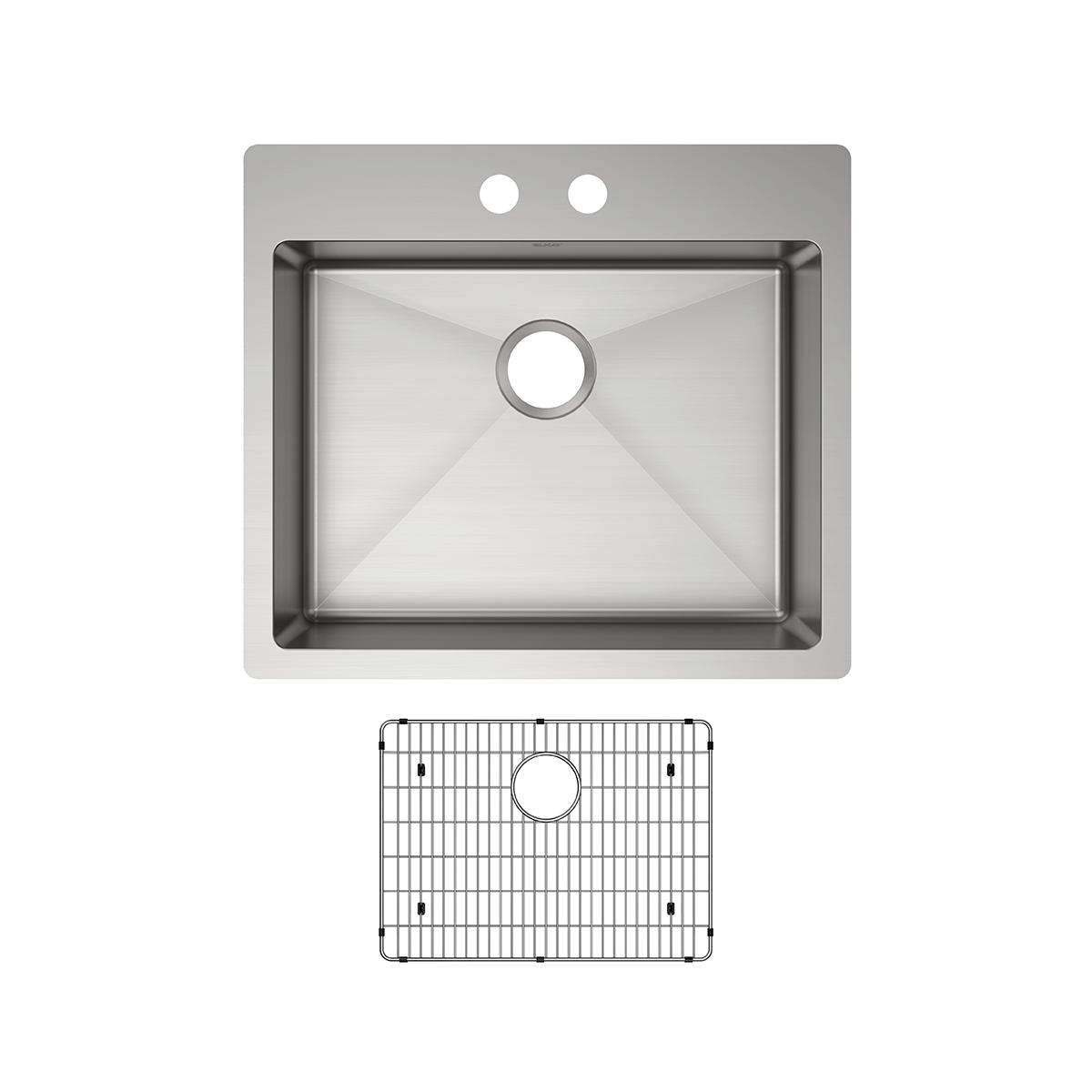 Stainless steel single bowl sink with two faucet holes and matching grid strainer insert shown in top view.