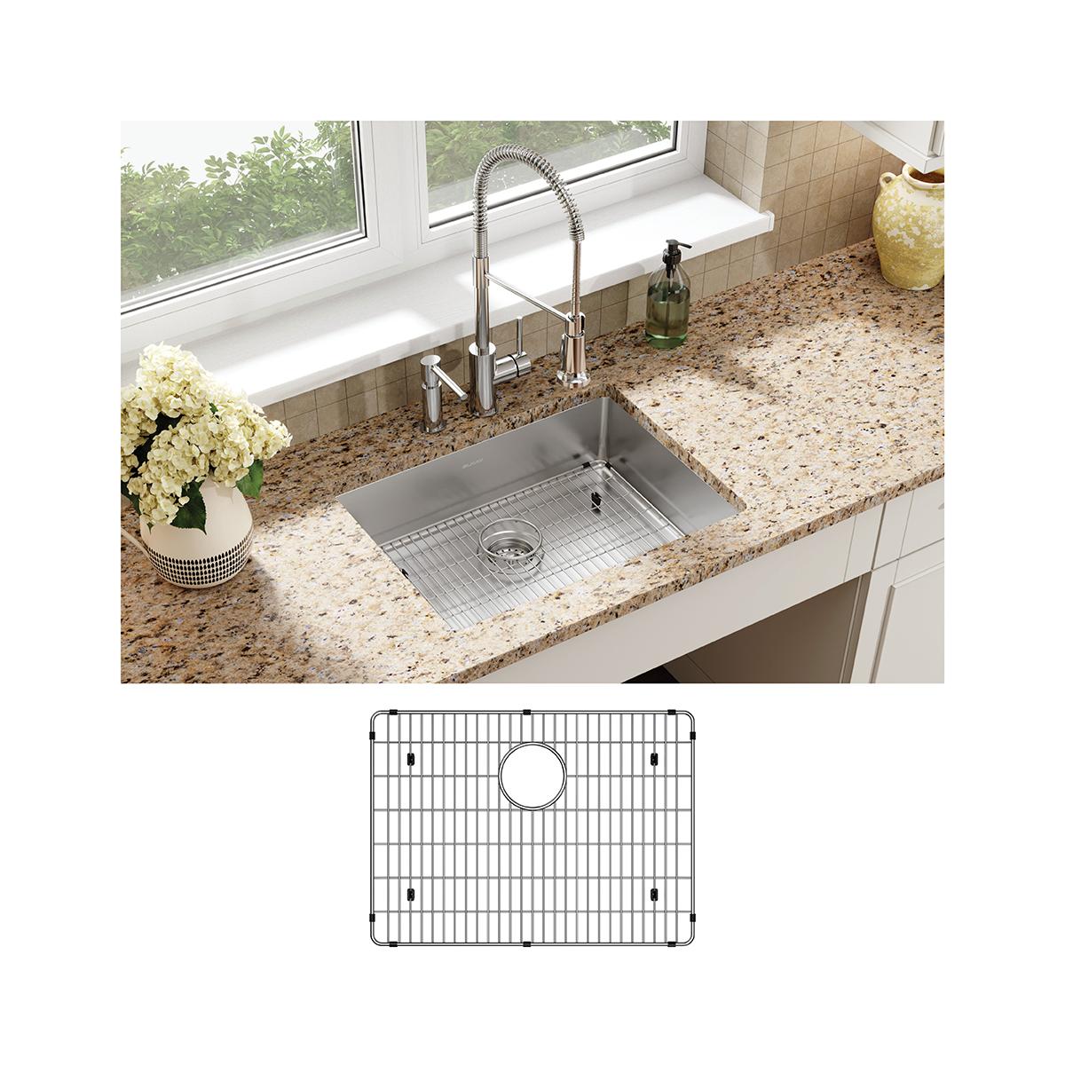 Stainless steel single bowl sink with two faucet holes, shown installed in granite countertop and as separate grid insert com