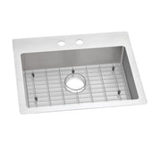 Stainless steel drop-in sink with white rim, single bowl, grid insert, and two faucet holes.