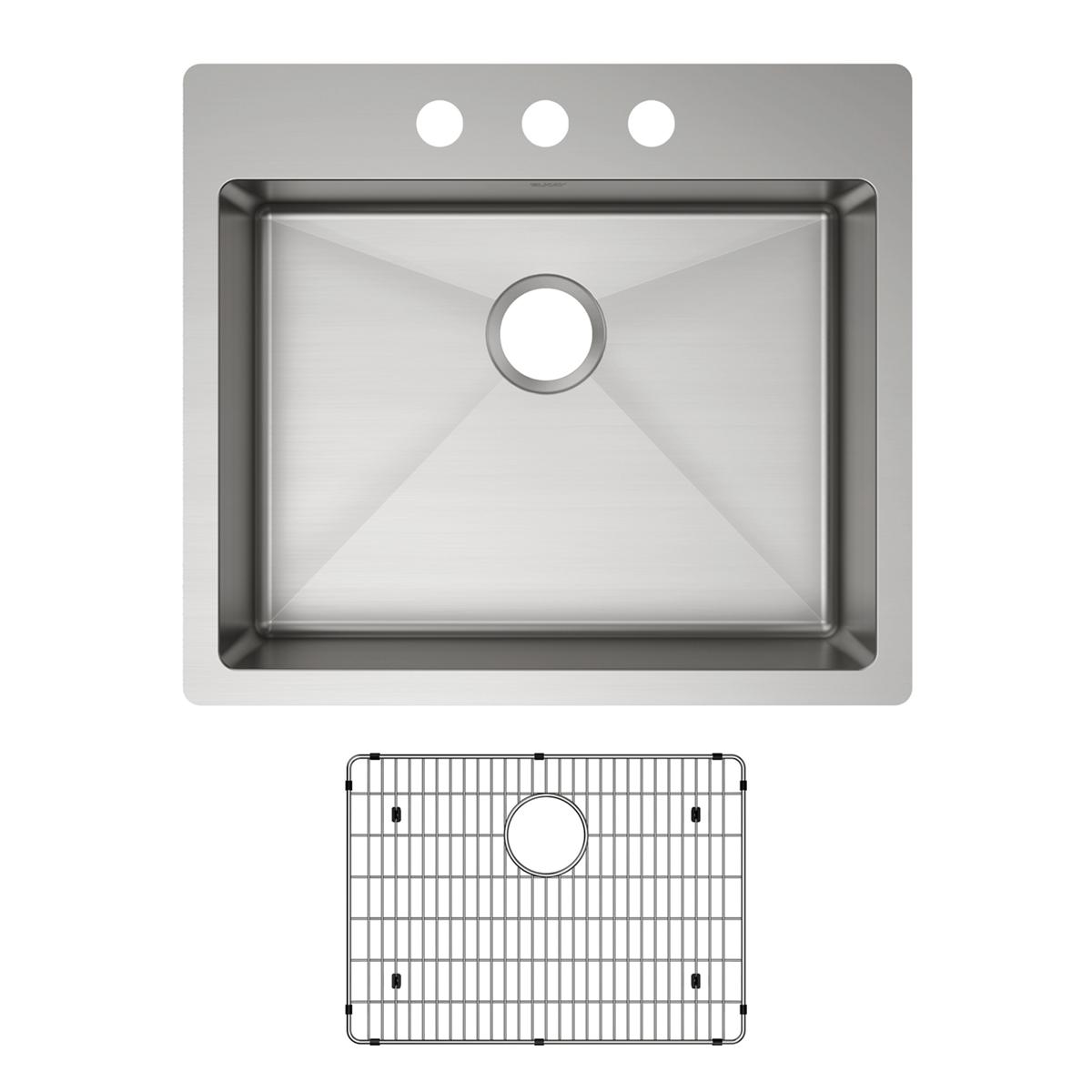 Stainless steel single bowl sink with three faucet holes and matching grid strainer insert.