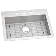 Stainless steel single bowl sink with three pre-drilled holes in rim, metal grid insert, and white apron front.