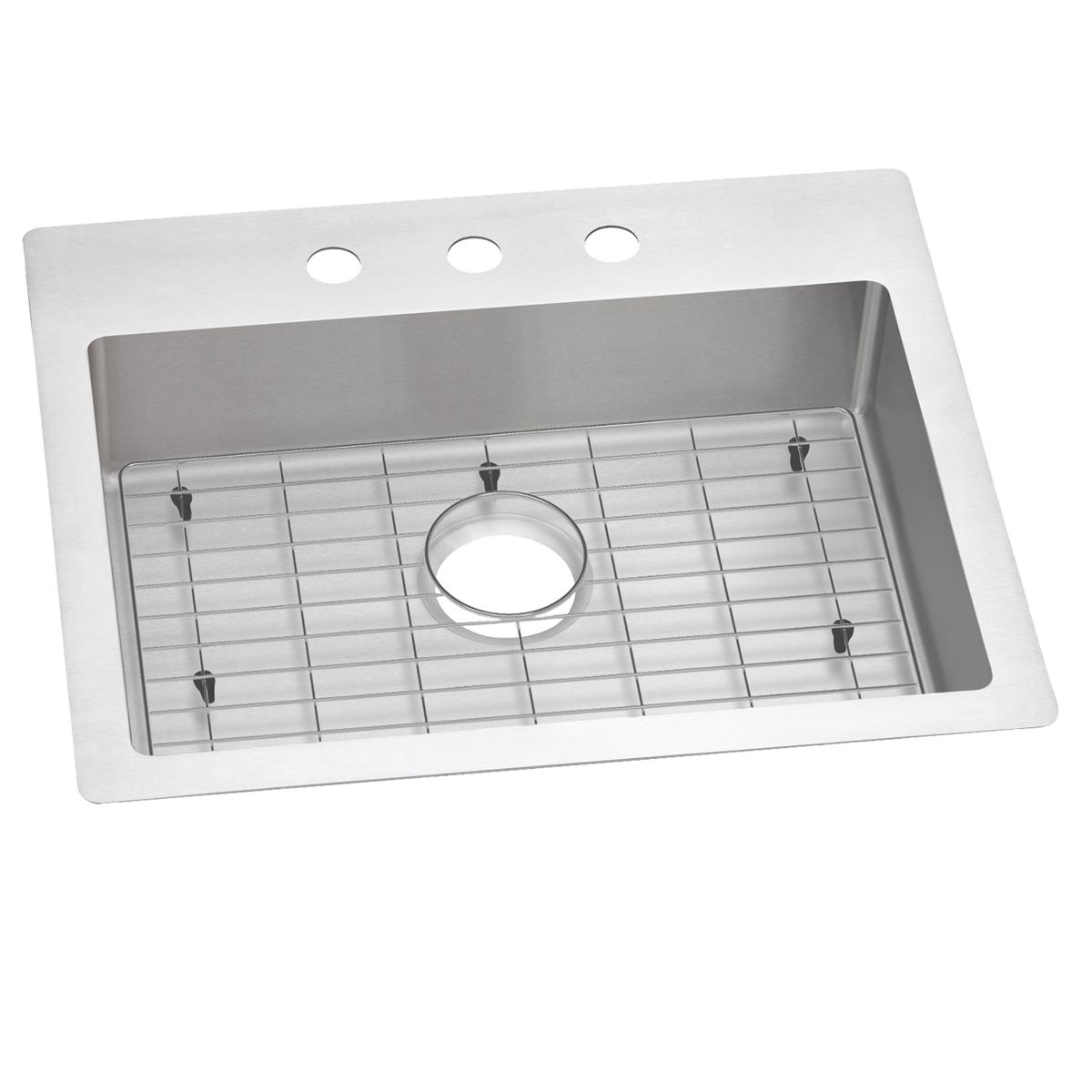 Stainless steel single bowl sink with three pre-drilled holes in rim, metal grid insert, and white apron front.
