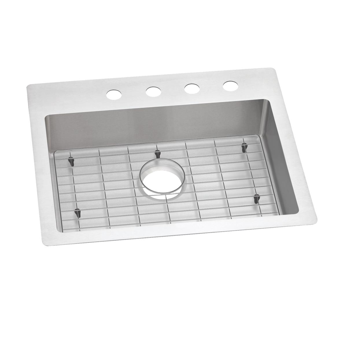 Stainless steel single bowl sink with four holes in rim, grid insert, and center drain opening.
