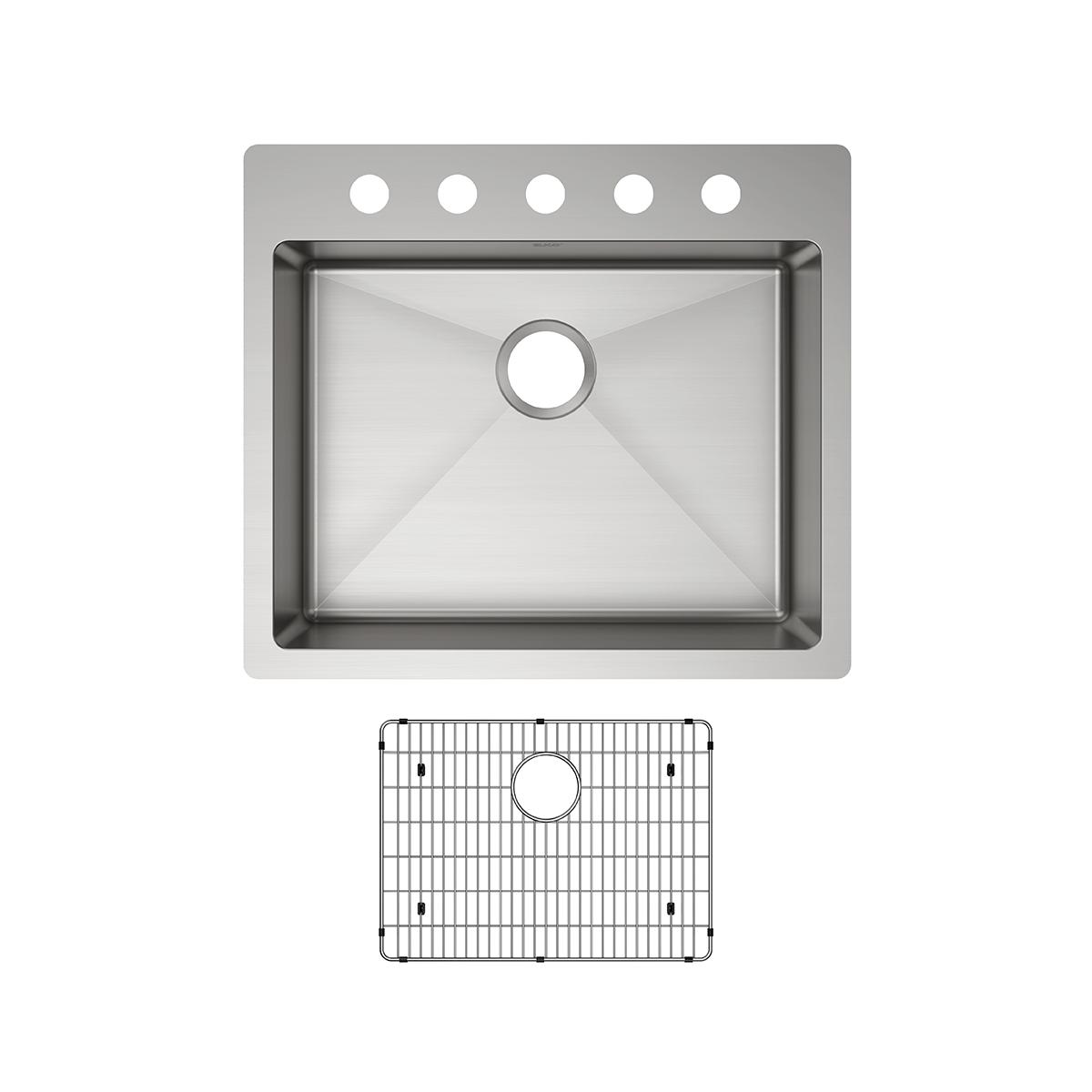 Stainless steel single bowl sink with five mounting holes and included grid strainer, shown in top-down view.