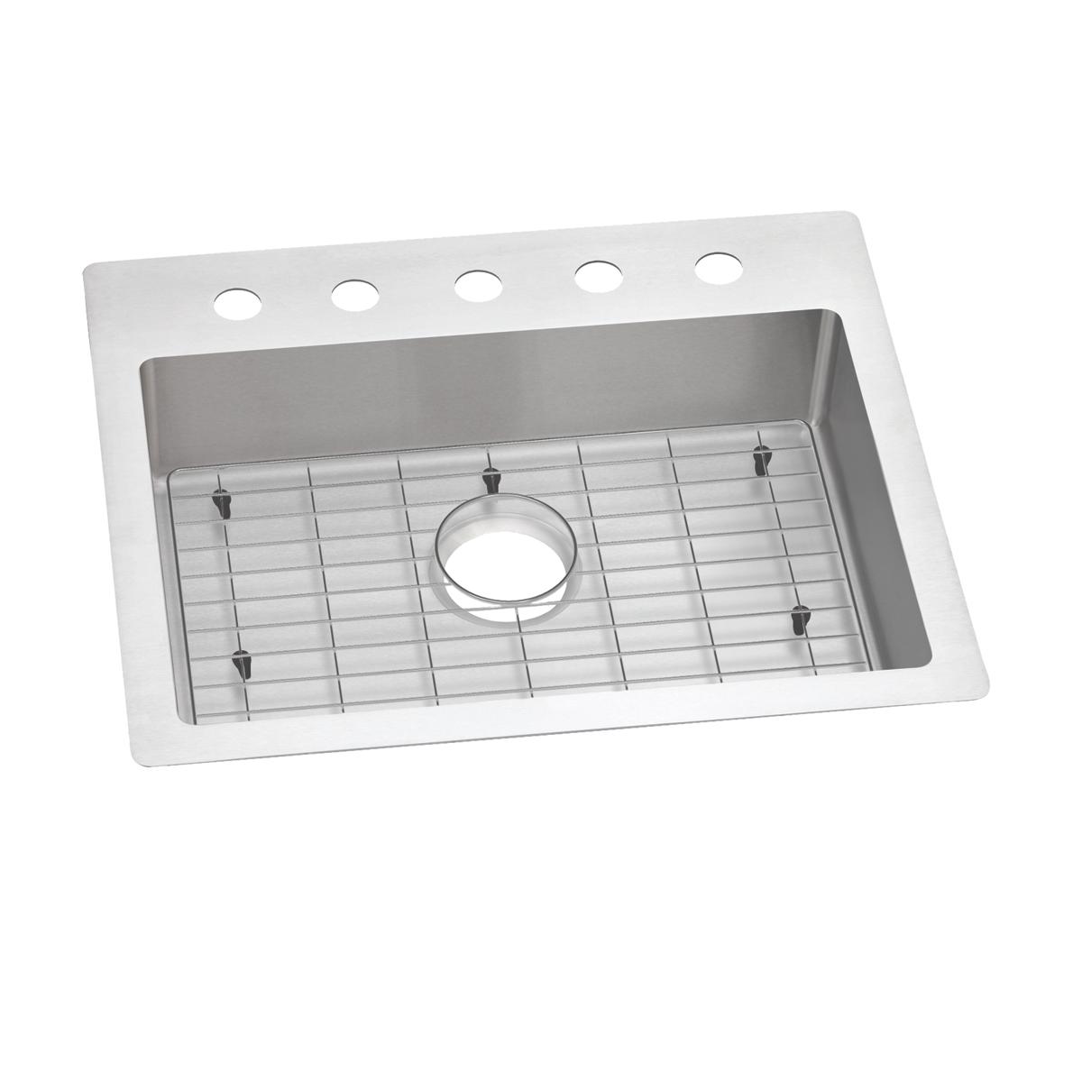 Stainless steel single bowl sink with five mounting holes across white rim and grid insert in basin.