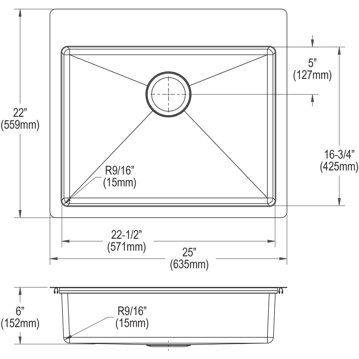 Top and side view technical drawings of stainless steel single bowl sink with center drain and rounded corners.