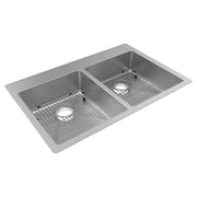 Stainless steel double bowl sink with two equal basins, each containing a grid insert and drain opening.