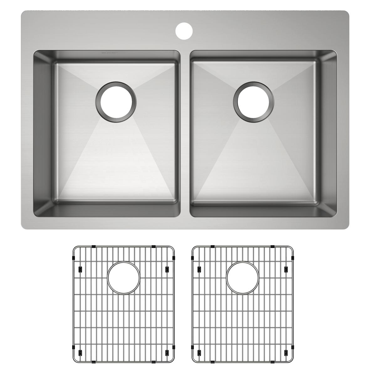 Stainless steel double bowl sink with equal-sized basins, one faucet hole, and two grid inserts included.