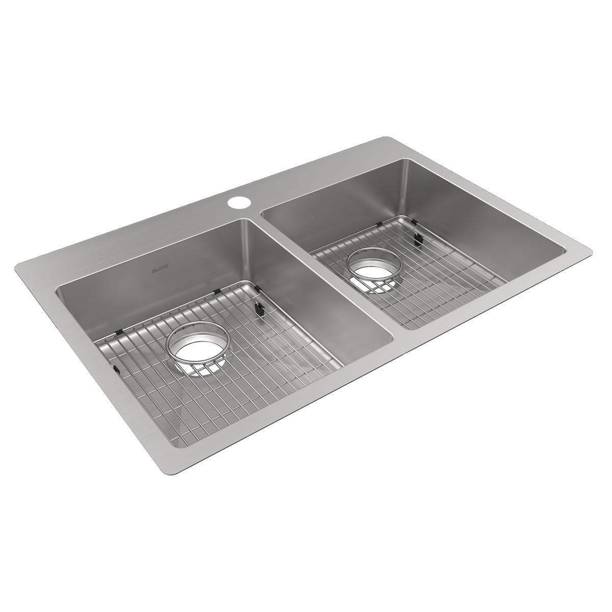 Stainless steel double bowl sink with two equal-sized basins, drain holes, grid inserts, and single faucet hole on rim.