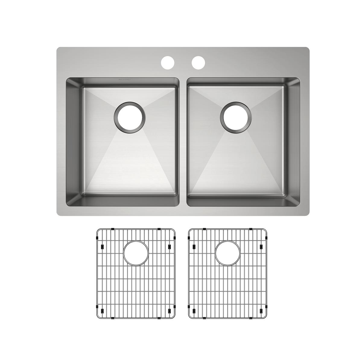 Stainless steel double bowl sink with two faucet holes and two matching grid strainers included.