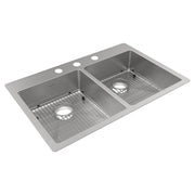 Stainless steel double bowl sink with three holes across the rim, metal drain baskets, and gridded bowl bottoms.