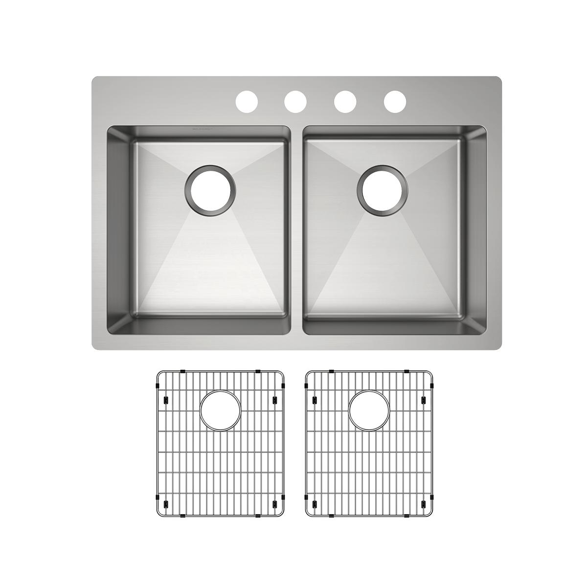 Stainless steel double bowl sink with four pre-drilled holes and two matching grid inserts for bottom protection.