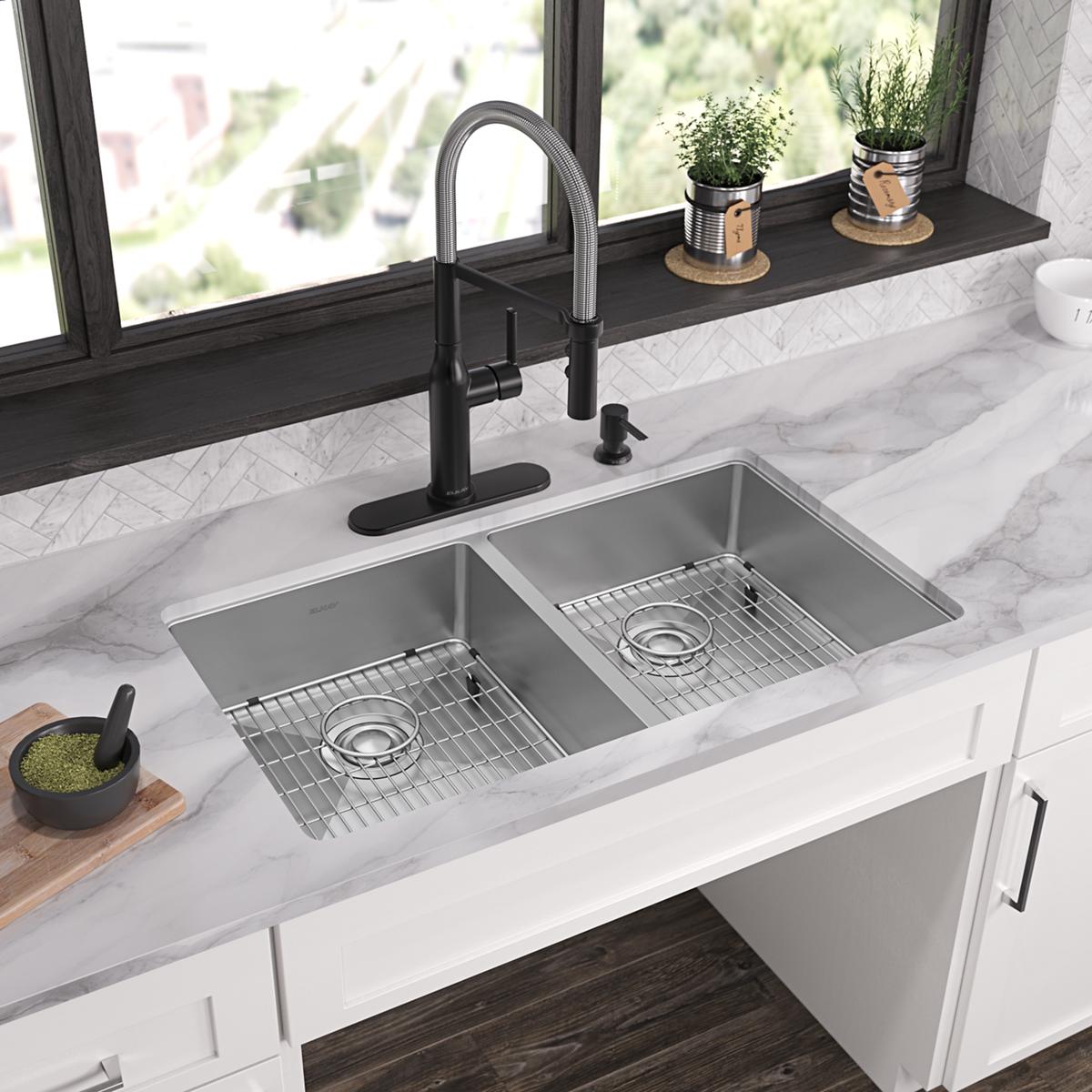 Stainless steel double bowl sink with two equal rectangular basins, integrated drainboards, and four pre-drilled holes for fa