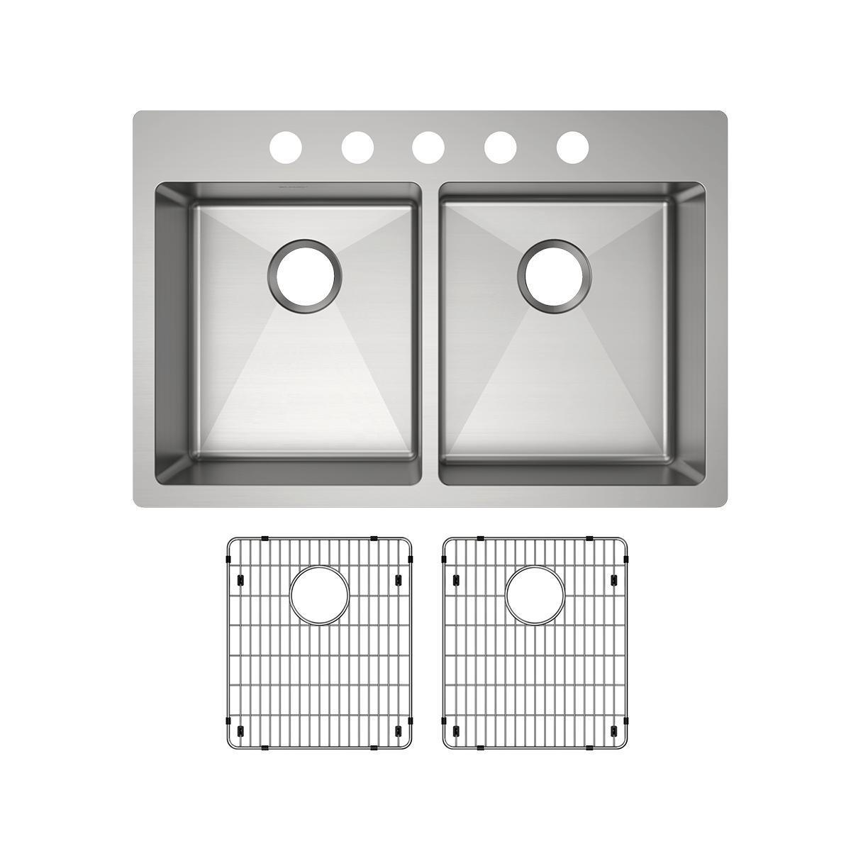 Stainless steel dual bowl sink with five holes across the rim and two matching grid inserts below.