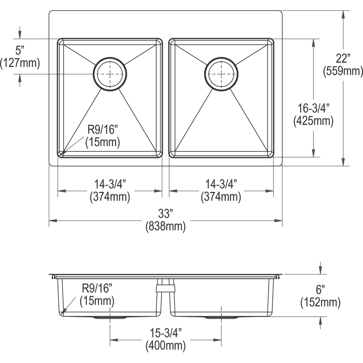 Elkay Crosstown 18 Gauge Stainless Steel 33" x 22" x 6", 3-Hole Equal Double Bowl Dual Mount ADA Sink Kit