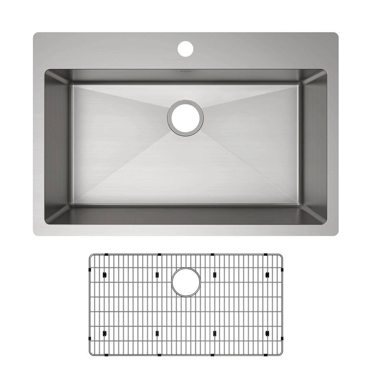 Stainless steel single bowl drop-in sink with one faucet hole and matching wire grid strainer basket.
