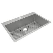 Stainless steel single bowl sink with one faucet hole, grid insert, and rim-mounted edges.
