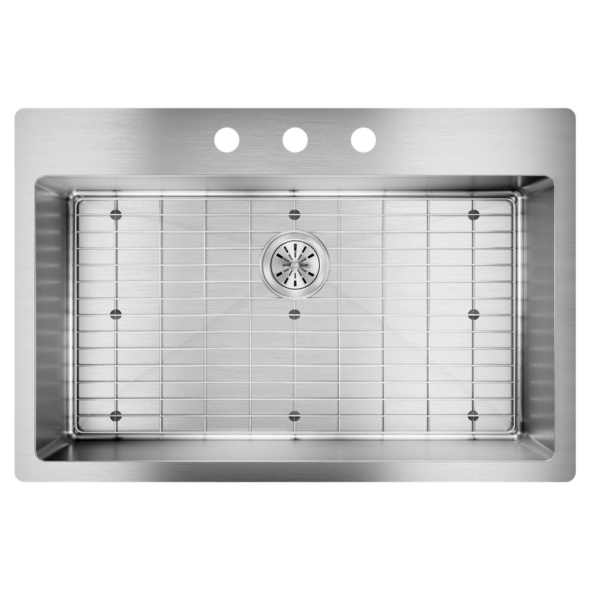 Stainless steel single bowl sink with three pre-drilled holes, drain grid, and bottom strainer.