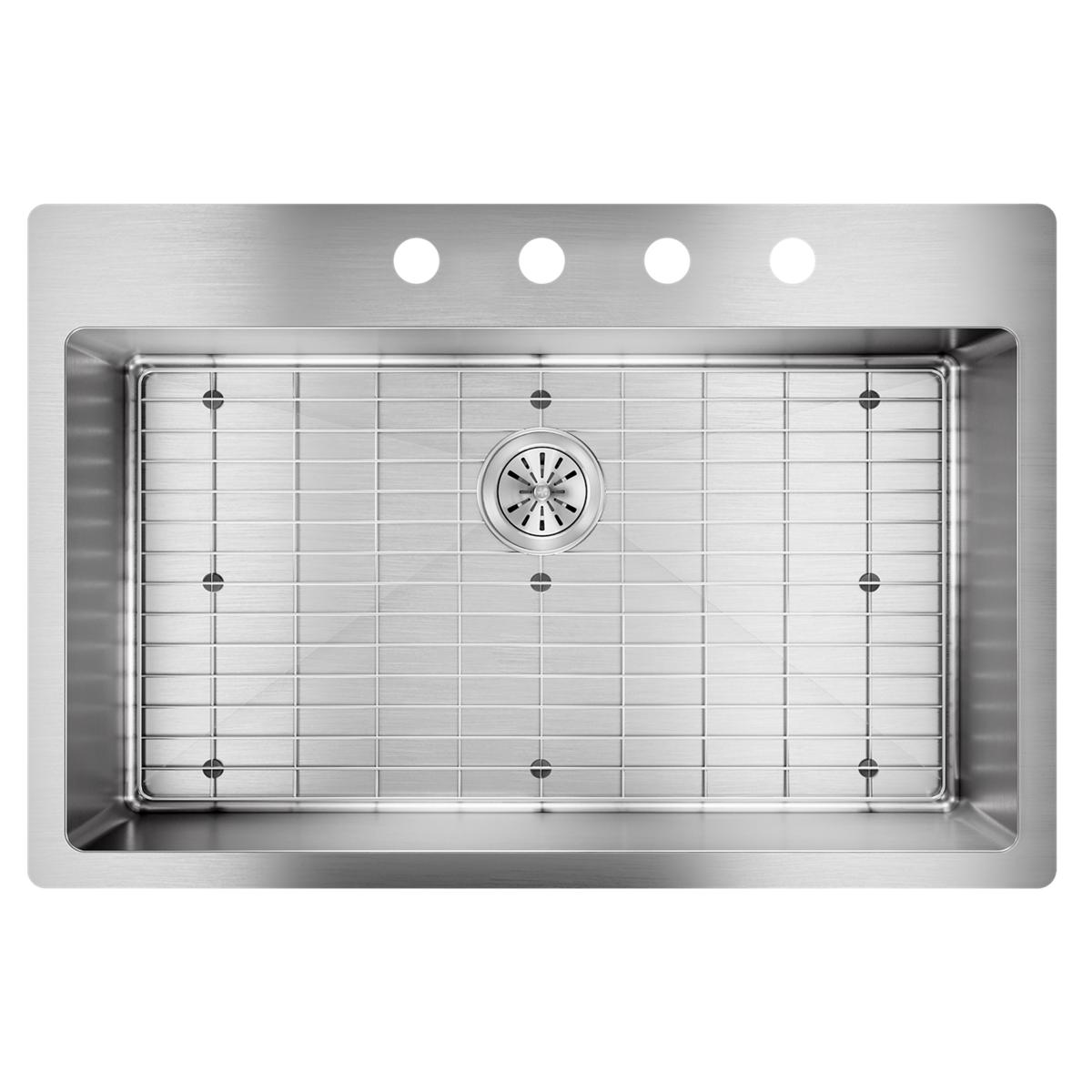 Stainless steel single bowl sink with four faucet holes, grid, and drain strainer visible from above.