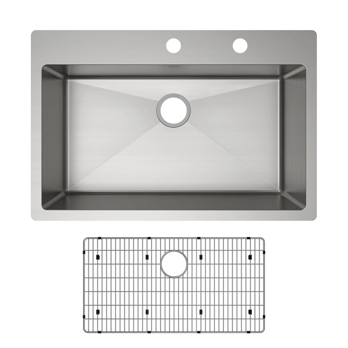 Stainless steel single bowl sink with two faucet holes and matching protective grid insert.